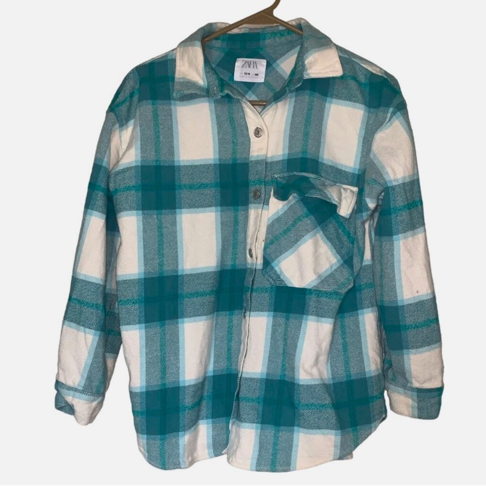 Zara Girls 11-12 years old button down plaid shirt white and teal